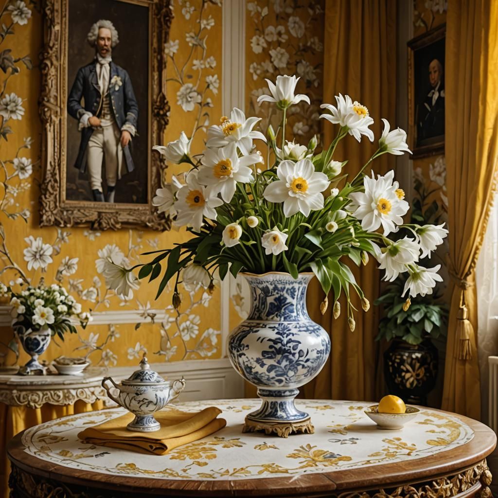 White flowers in a porcelain fancy vase on a table in an aristocratic interior with yellow curtains with gold tassels. B...