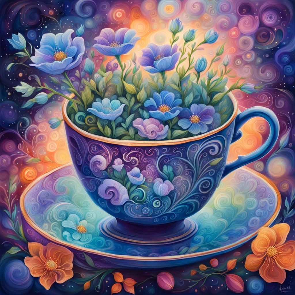 Cosmic Spring Flowers Blooming in Teacup