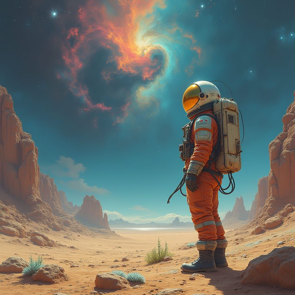 Astronaut Stands Alone on Alien World, Gazing at Cosmic Nebu...