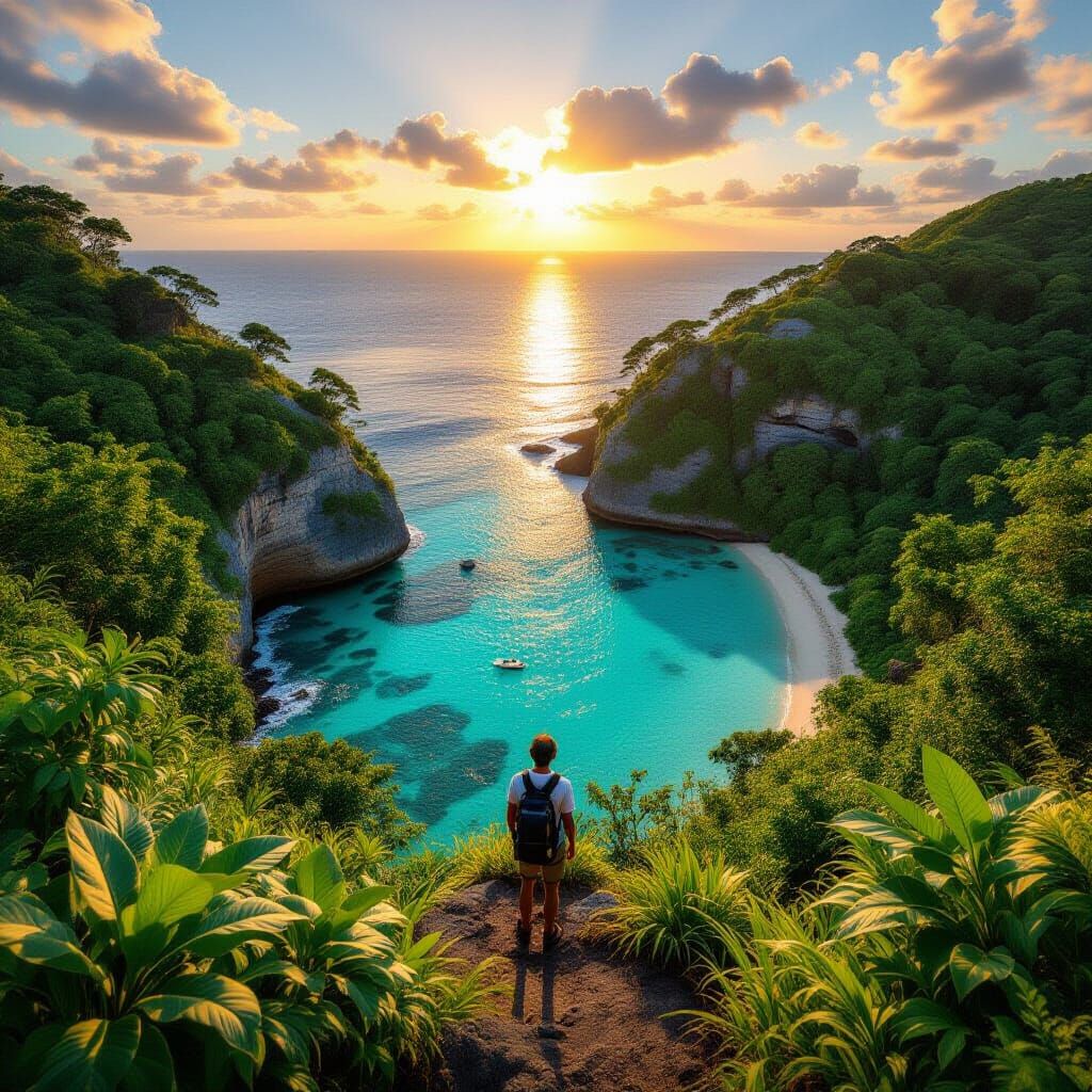 Hiker Overlooks Lush Cliff to Secluded Ogasawara Cove