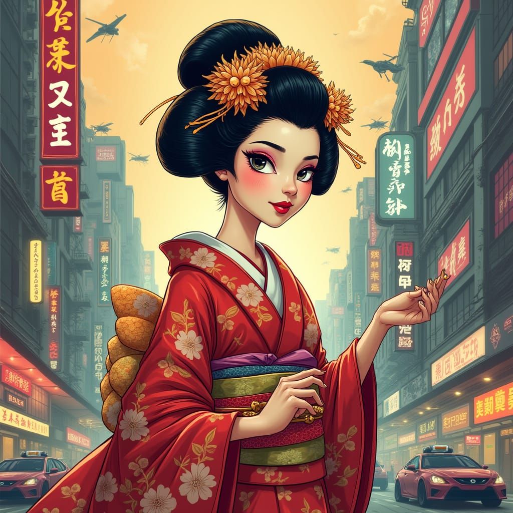 Geisha in Futuristic Cityscape, Looney Tunes Comic Style