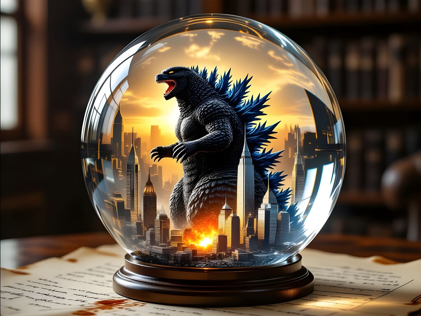 Godzilla's Miniature Platinum City in Glass Sphere