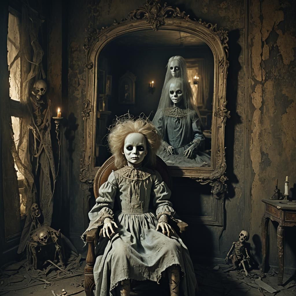 Eerie Doll in Shadowy Room: Dark Fantasy Art