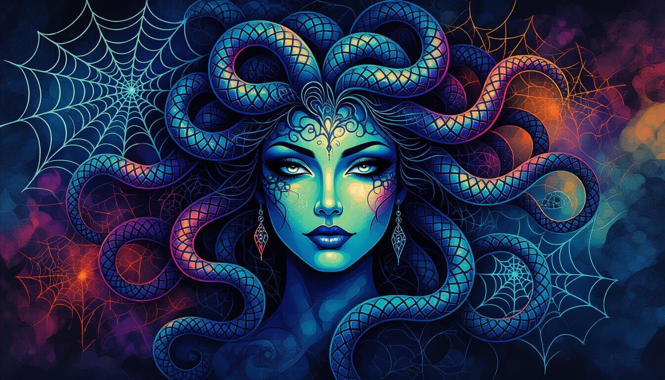 Spiderweb Medusa in Abstract Surrealism Street Art Style