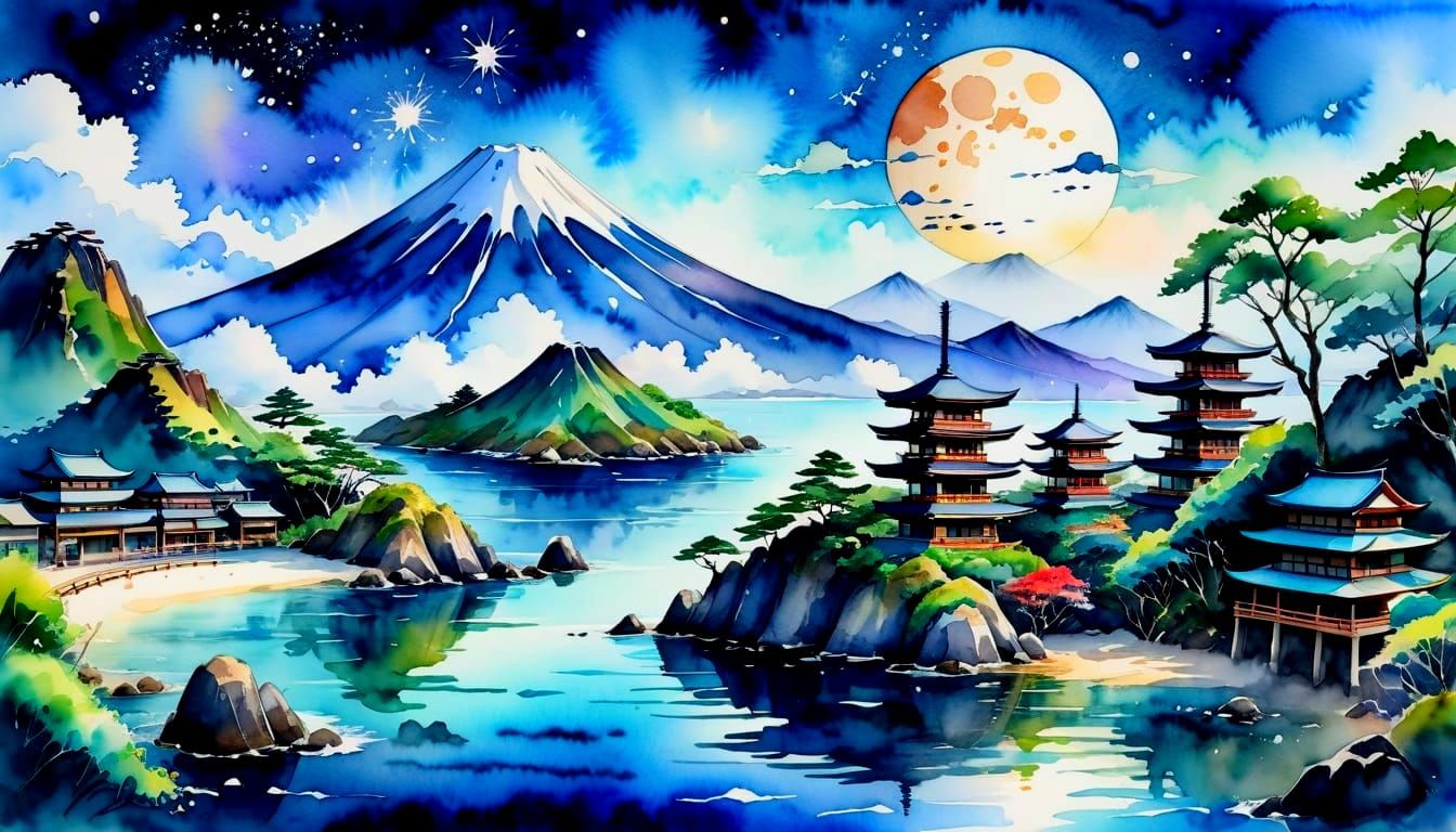 Magical Japanese Island Landscape in Watercolor Style