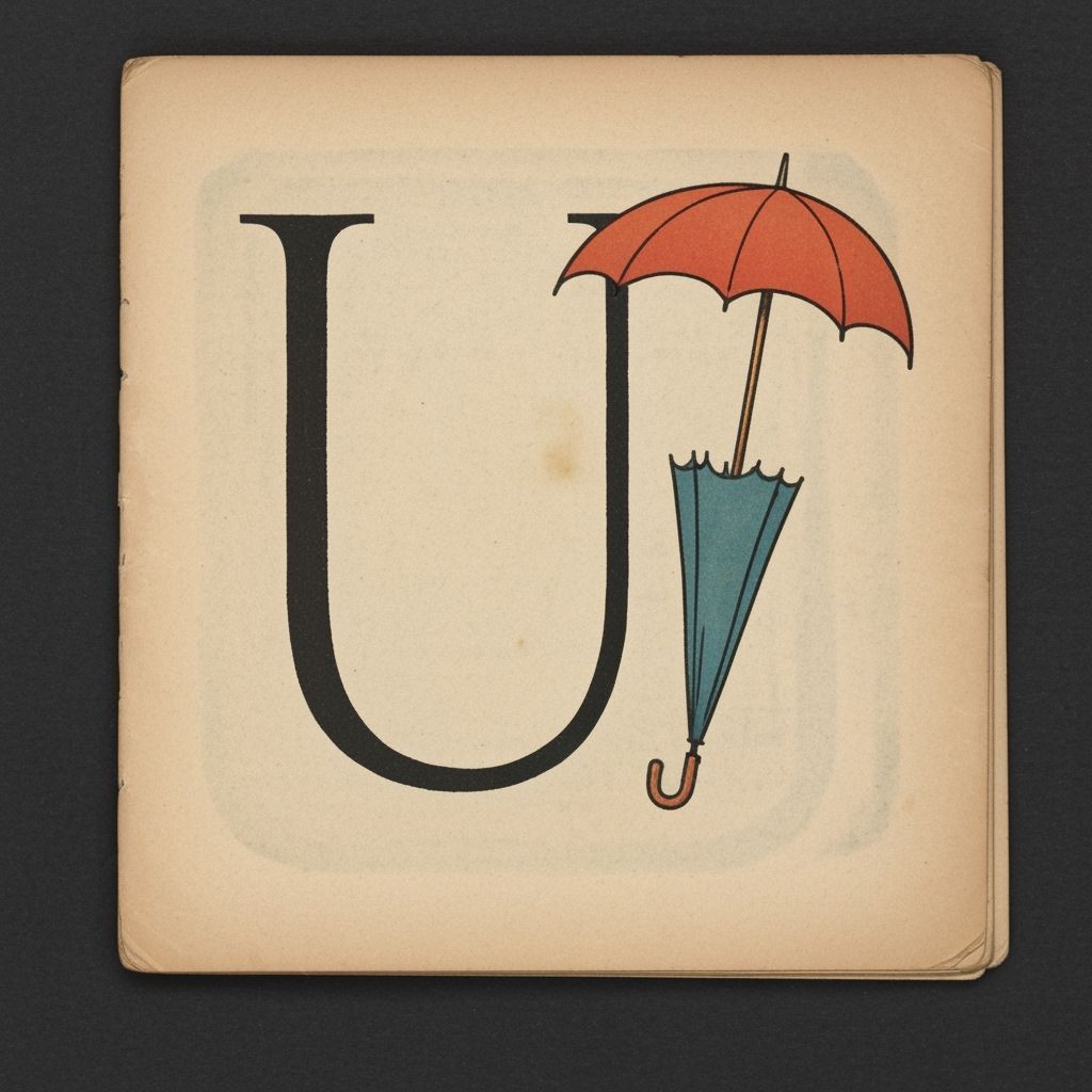 1920s children's book illustration,a letter U and an umbrell...