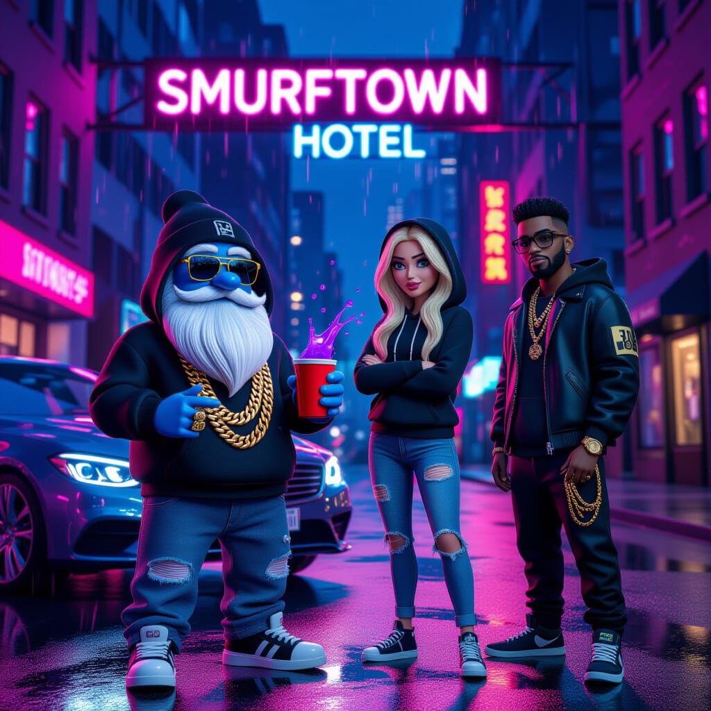 Smurf-Inspired Urban Characters in Neon City