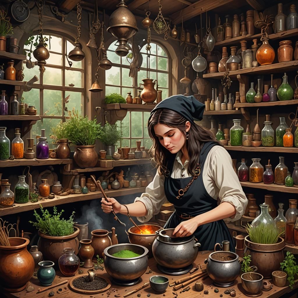 Young Witch Brews Potion in Workshop Illustration