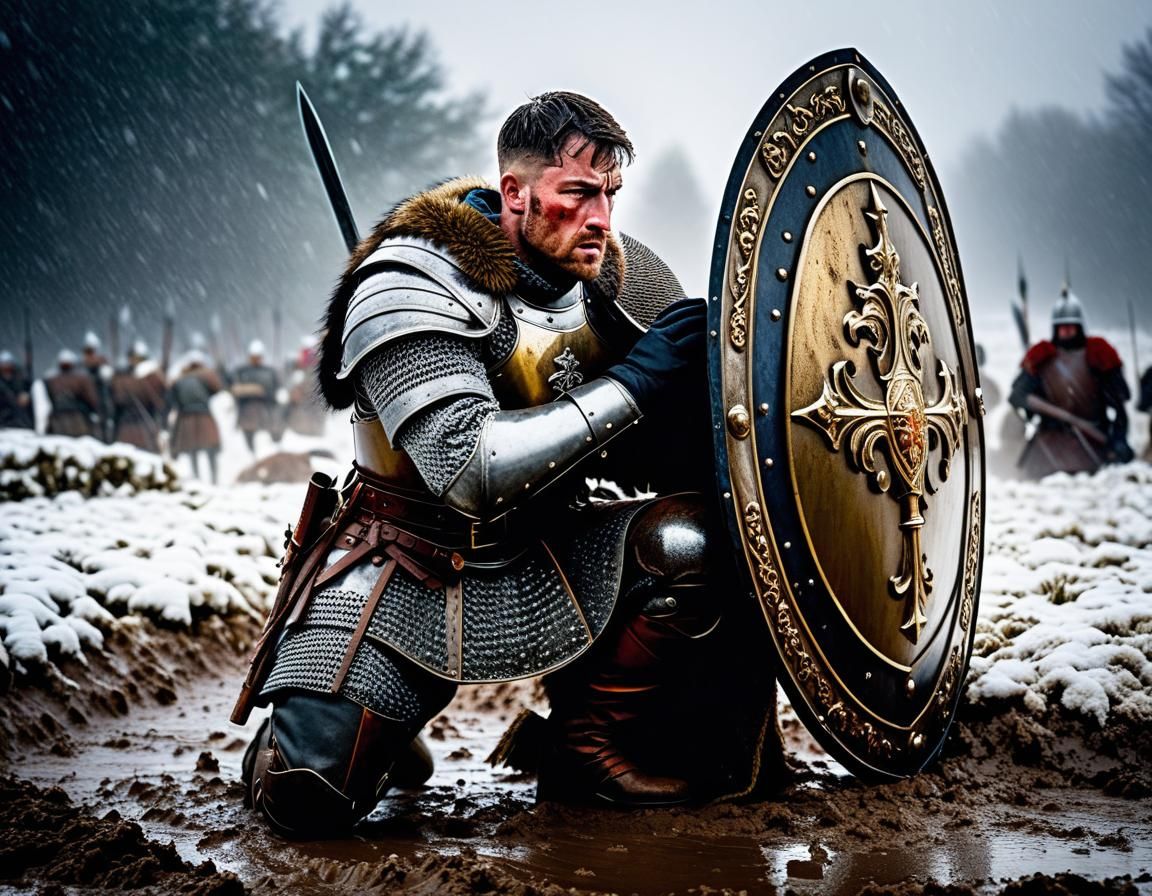 Exhausted Soldier with Boar Shield in Snowy Battlefield