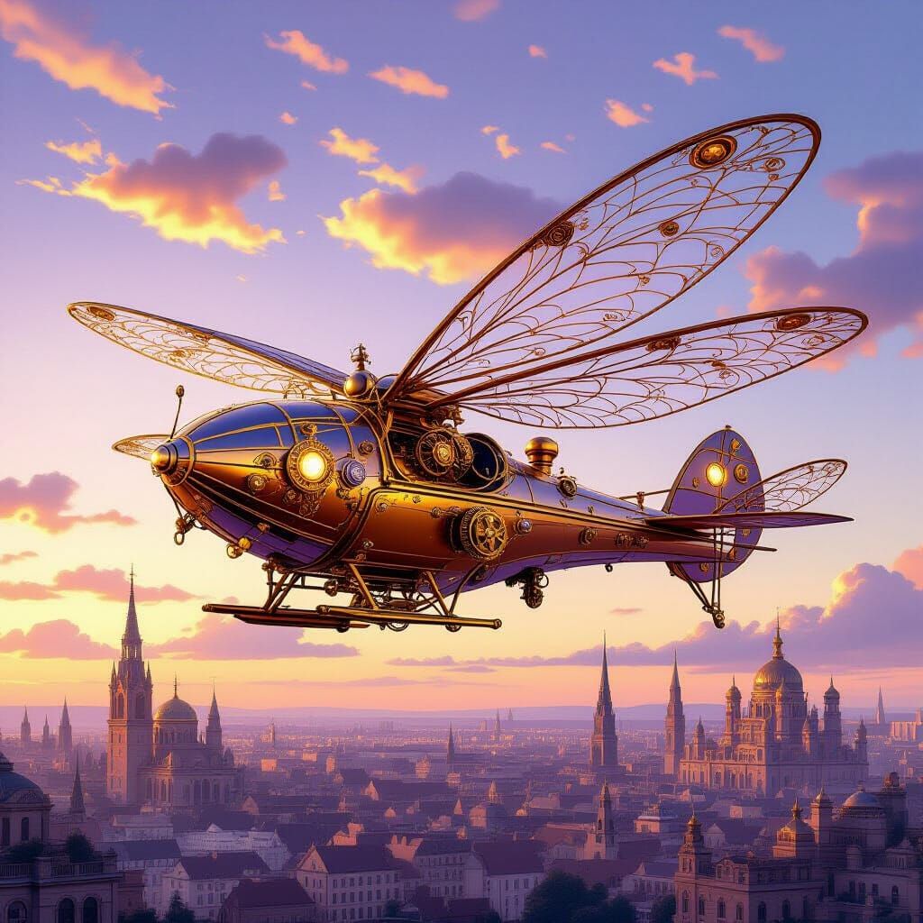 Steampunk Dragonfly Airship Soaring Above Victorian City