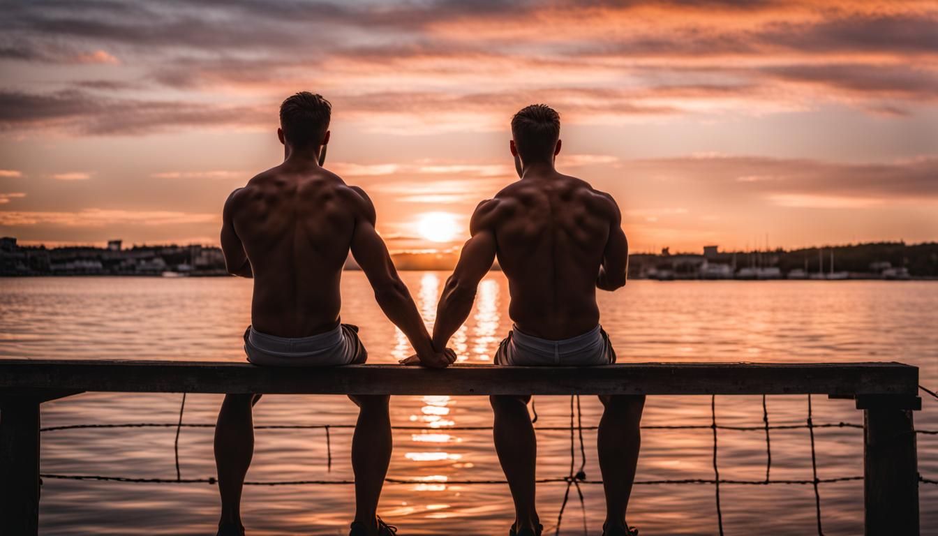 Muscle Men Holding Hands at Sunset on Pier
