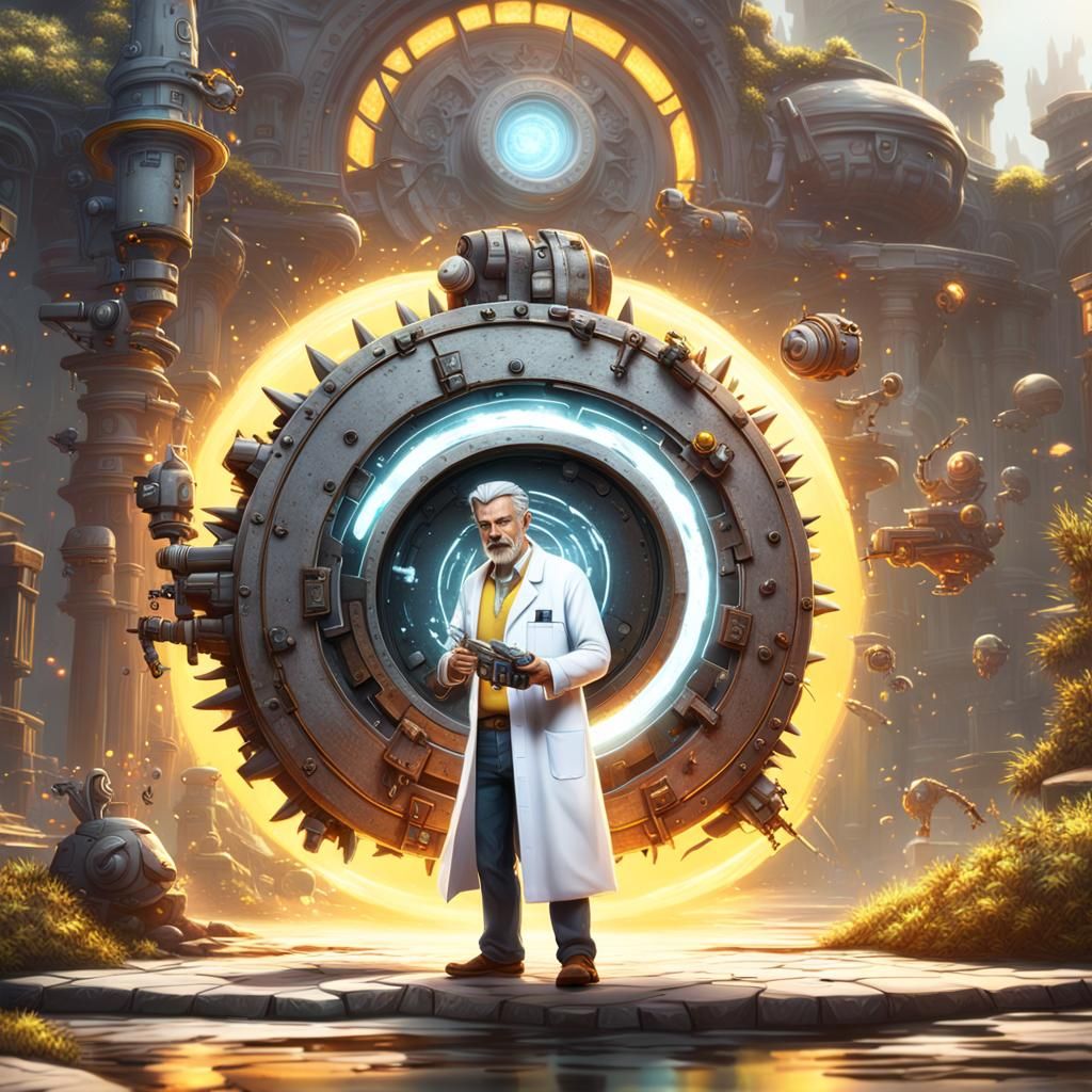 Scientist and Boy with Portal Gun in Sci-Fi Art