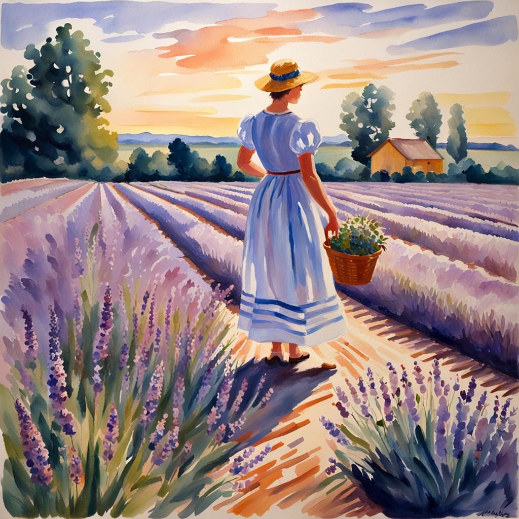 Lavender Field Sunset with Woman in Gouache Style