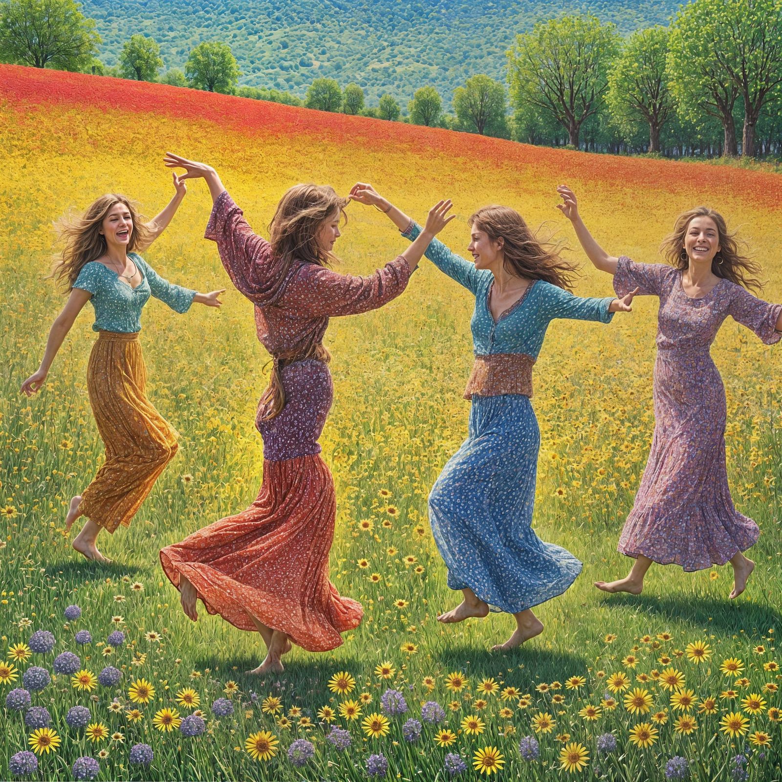 Hippies Dancing in Pointillist Wildflower Field