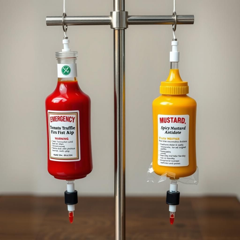 ketchup and mustard bottle set shaped like medical IV drip b...