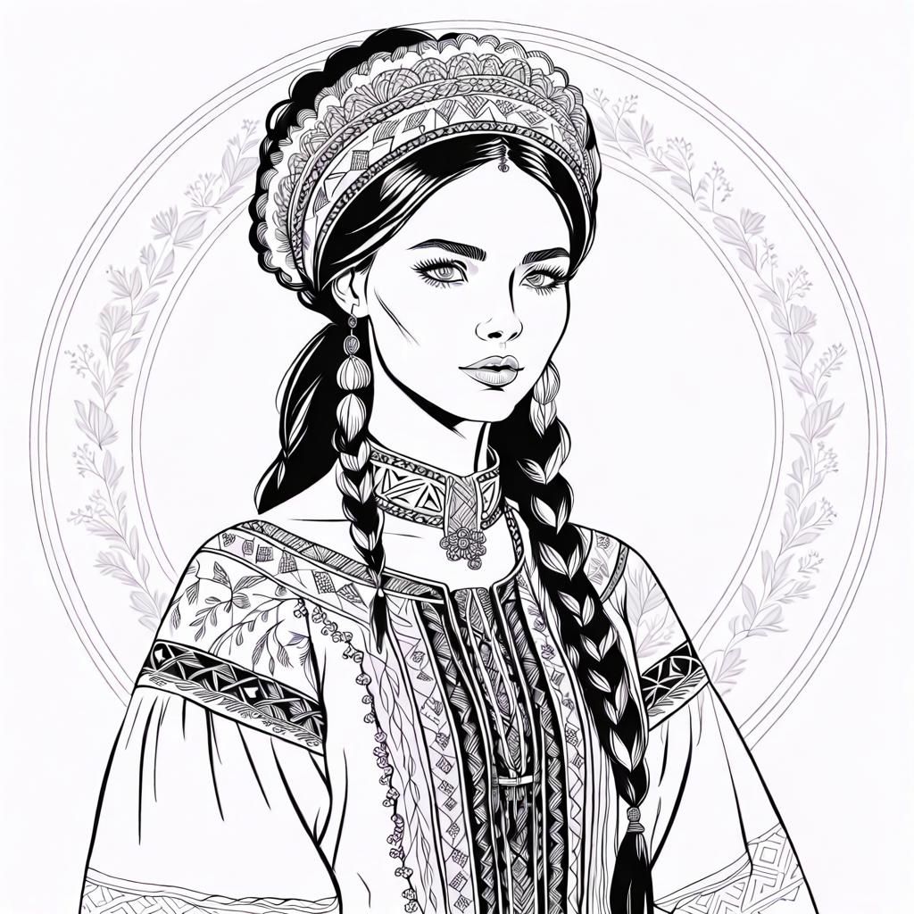 Elegant Line Art Portrait: Girl in Ukrainian Costume