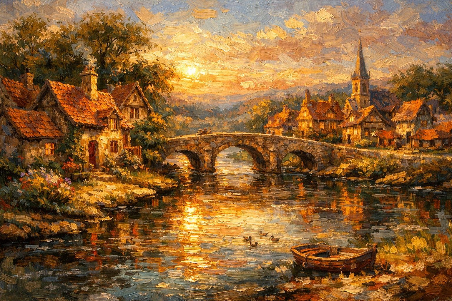 Charming 1800s European Village Oil Painting