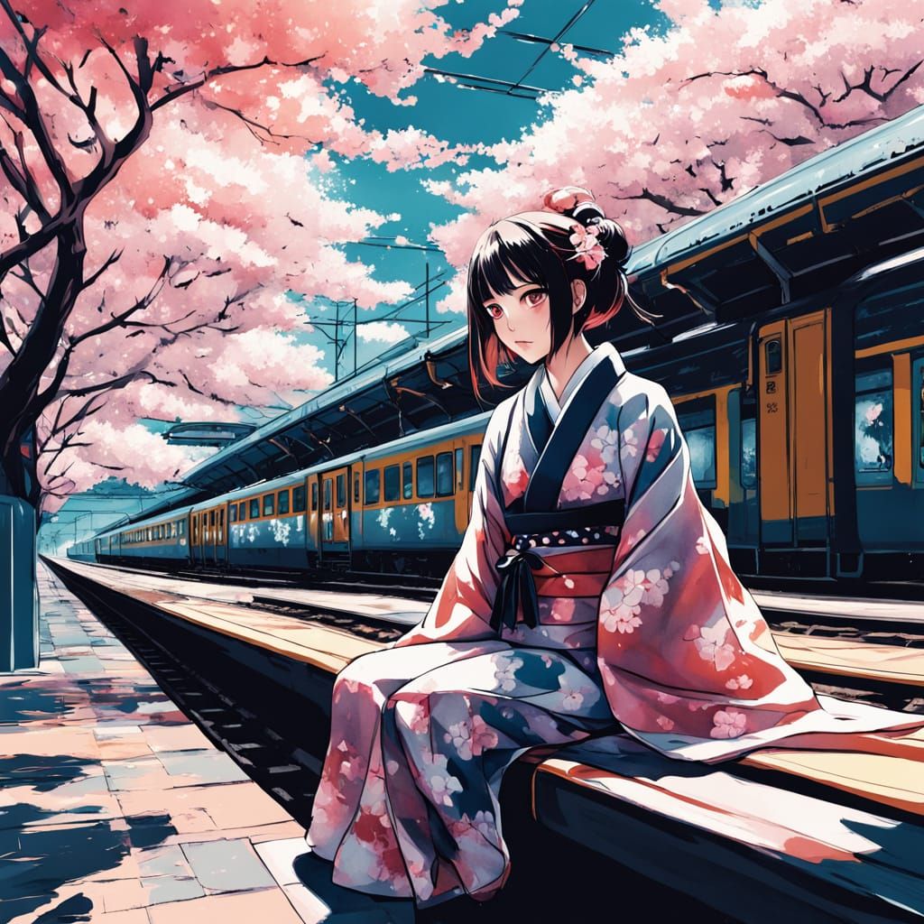 Japanese Girl Surrounded by Vibrant Cherry Blossoms in a Tra...