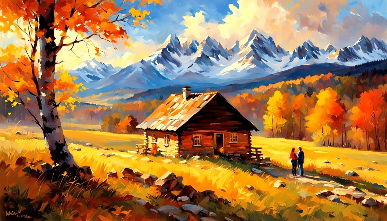 Friends Enjoy Autumn Cabin Scene in Vibrant Impasto Painting