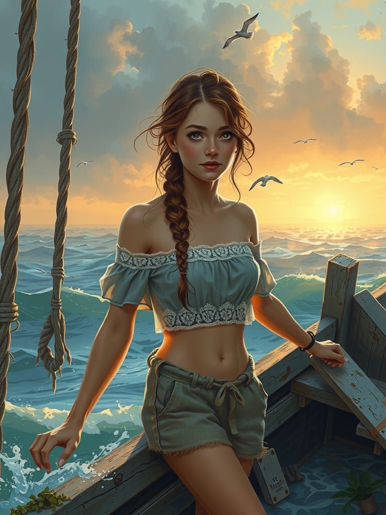 Semi-Realistic Young Woman on Shipwreck, Soft Light and Gent...