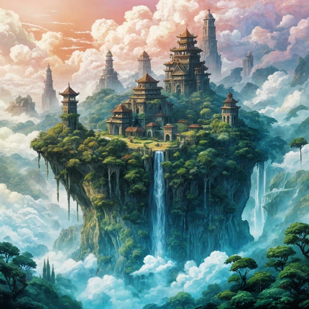 Floating Jungle Island Ruins in Pastel Clouds