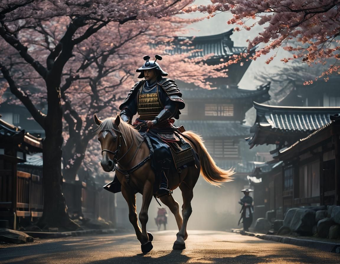 Samurai Centaur Patrols Feudal Japan: Woodblock Print Style