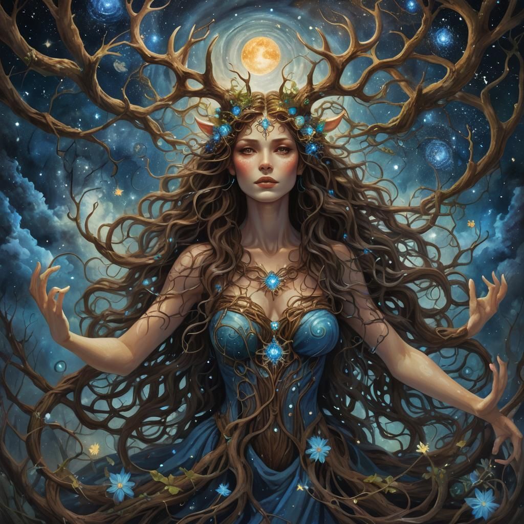 Celestial Woman with Horns in Psychedelic Style