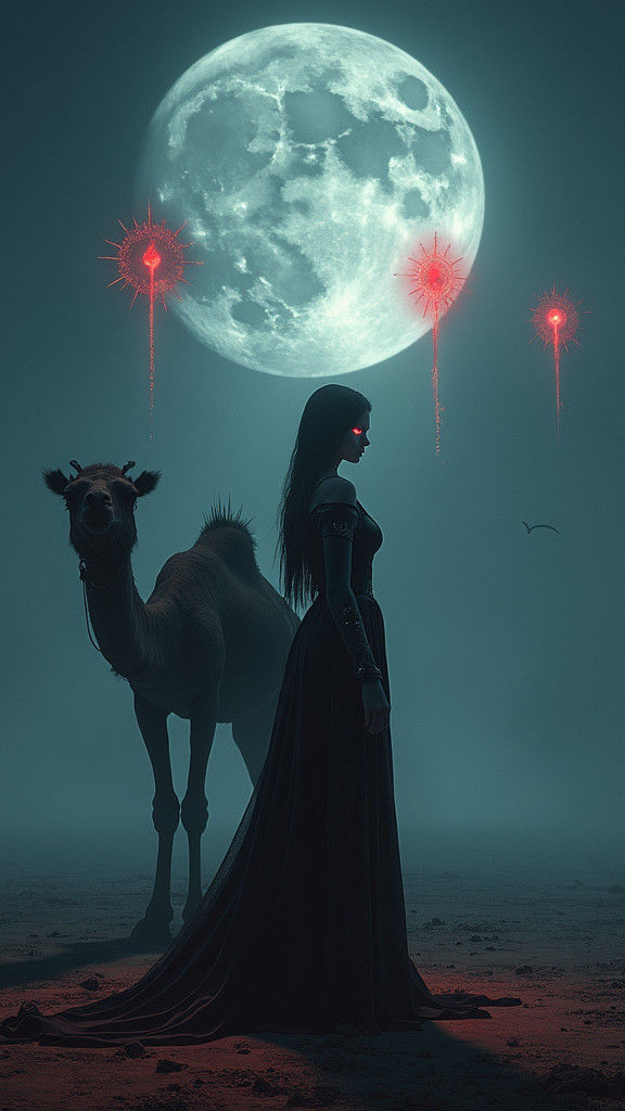 Elegant Gremory in Desolate Landscape with Camel