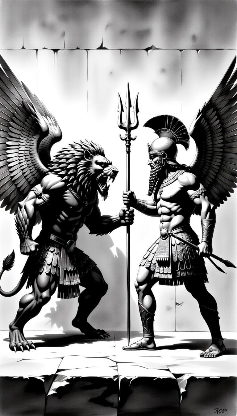 Assyrian Relief Charcoal Drawing of Beast and Warrior
