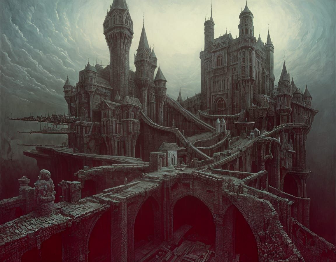 Surreal Castle with Moats in Dreamlike Style