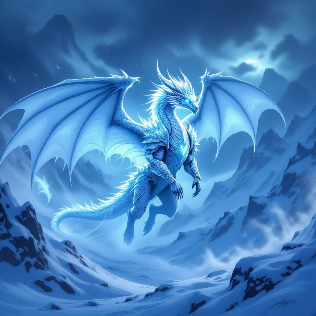 Ice Dragon Soaring Through Frozen Wasteland