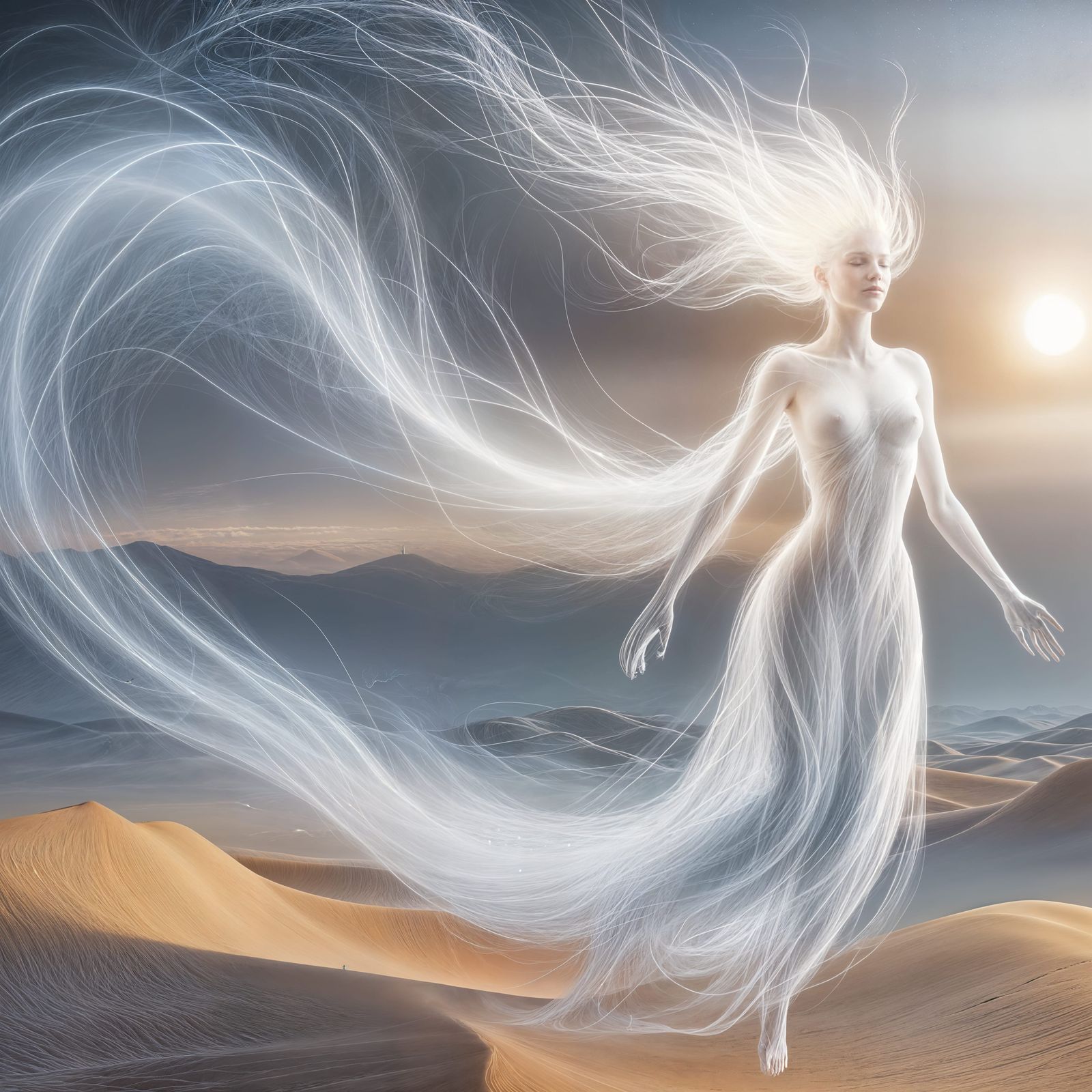 Ethereal Mist Being in Abstract Desert Landscape