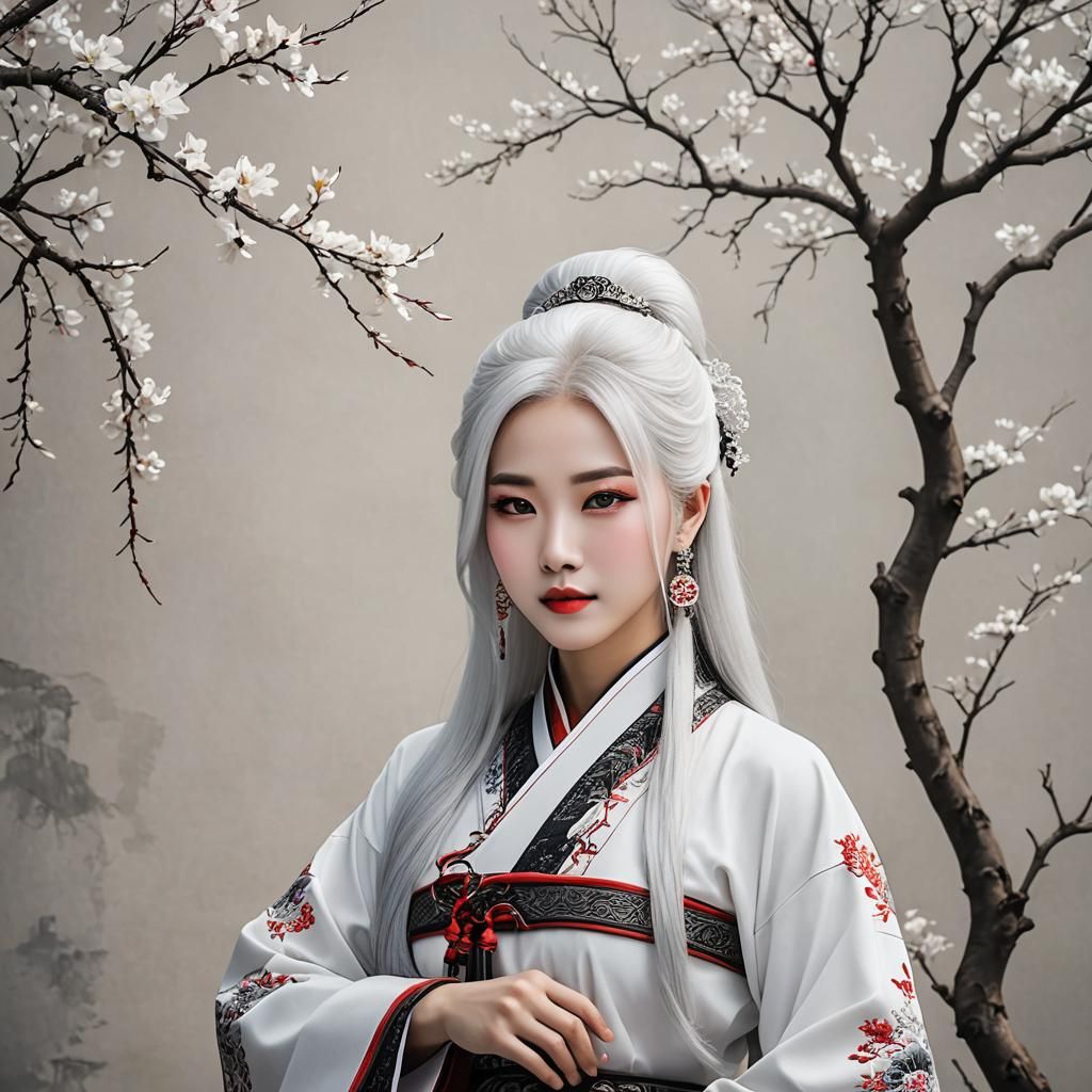 Beautiful Chinese Girl with White Hair