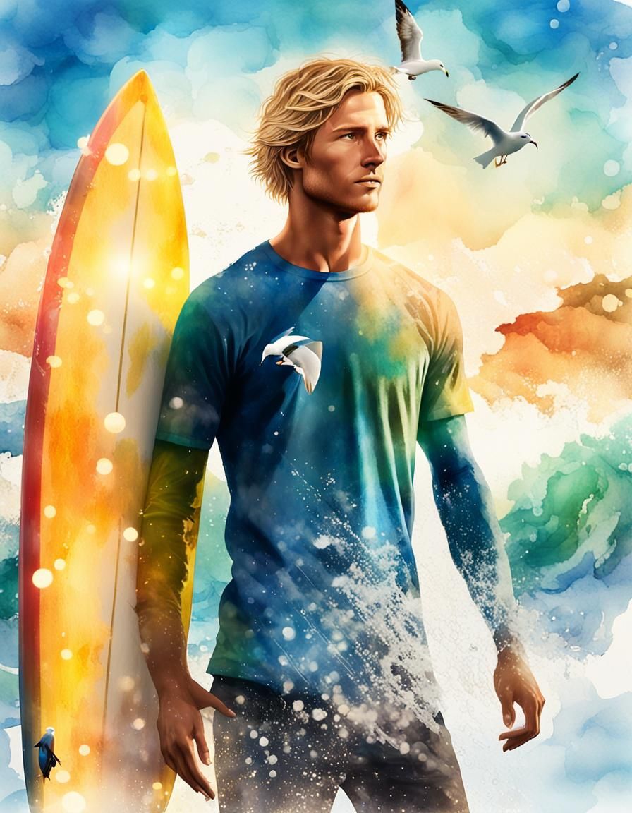 Vibrant Watercolor Surfer in a Golden Coastal Scene
