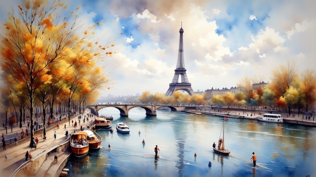 Parisian Seine River Life Impressionist Oil Painting