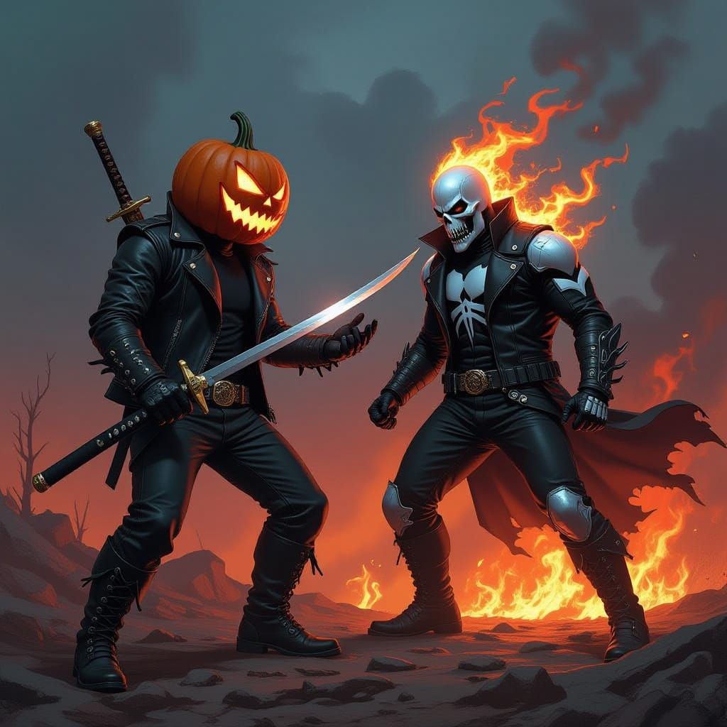 Pumpkinhead Biker Battles Ghost Rider in Fiery Landscape