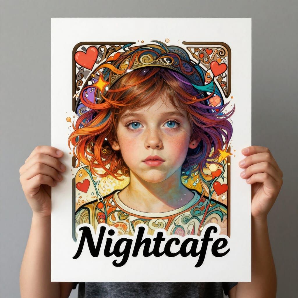 Child Holds "Nightcafe" Portrait with Hearts