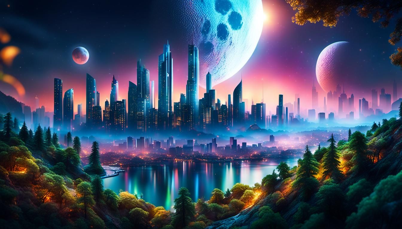 Terraformed Moon with Cities and Forests: Futuristic Landsca...