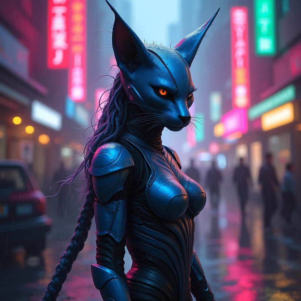 Cyberpunk Feline Warrior in Neon City
