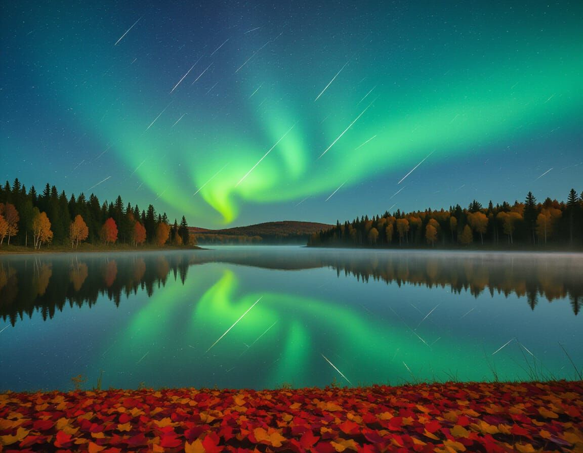 Aurora Borealis Over Autumn Lake With Shooting Stars