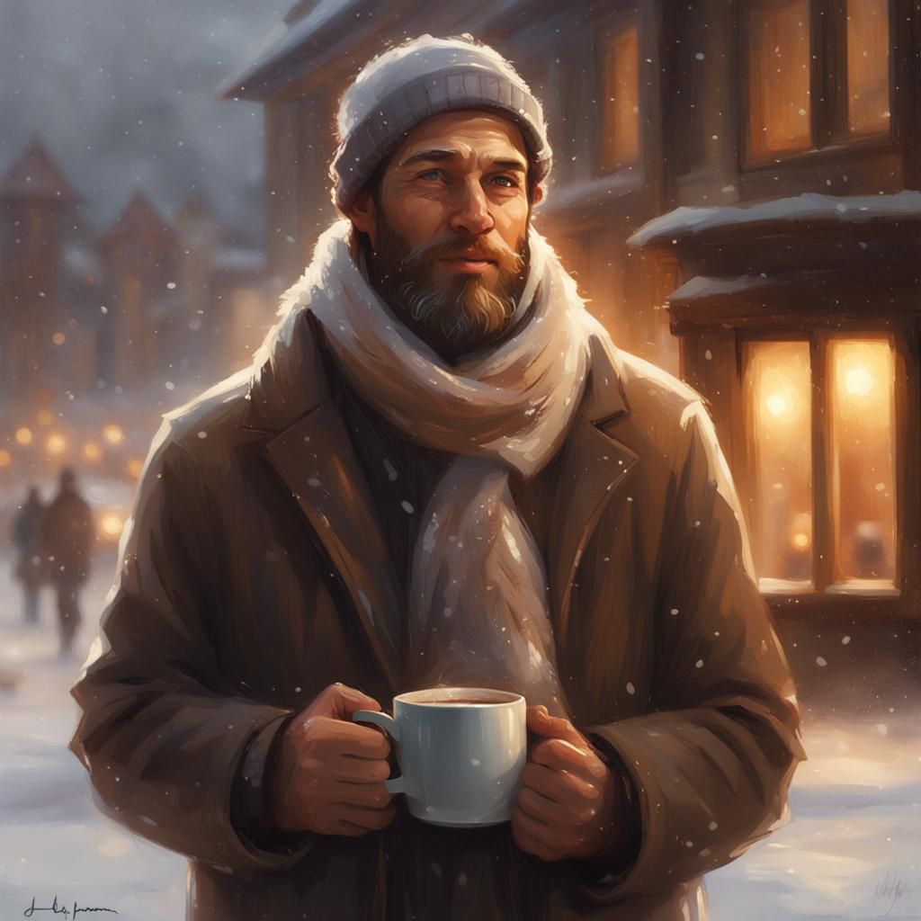 Bearded Man in Winter with Hot Drink Digital Painting