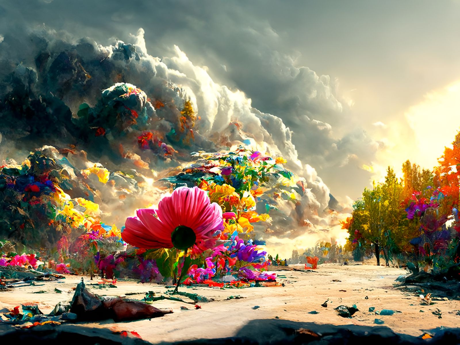 Flower Petal Storm Over Wasteland, Romanticism Style