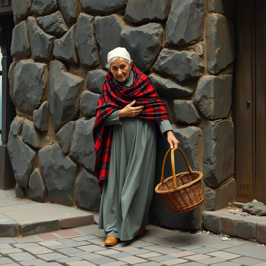 Elderly Woman on Cobblestone Street: Classic Art Style