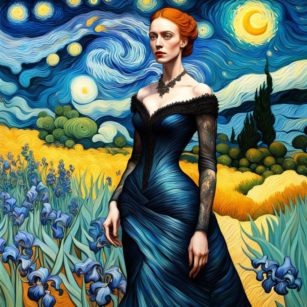 gothic surreal fractal recrusive image of a  lady in a evening gown passes by van gogh's famous painting ,the irises, it...