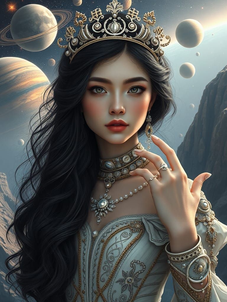 Ethereal Woman with Celestial Backdrop in Fantasy Art
