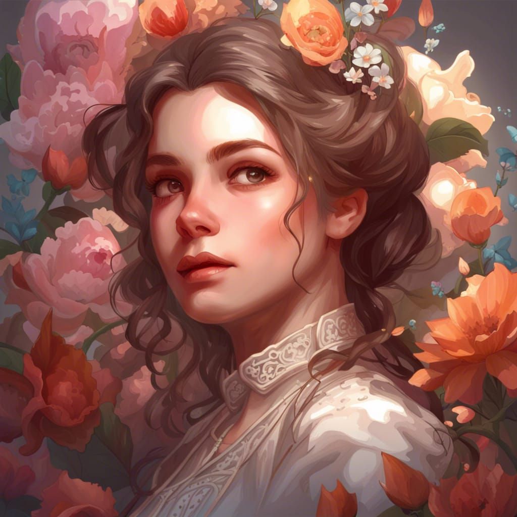 Victorian Girl Portrait with Flowers in Art Nouveau Style