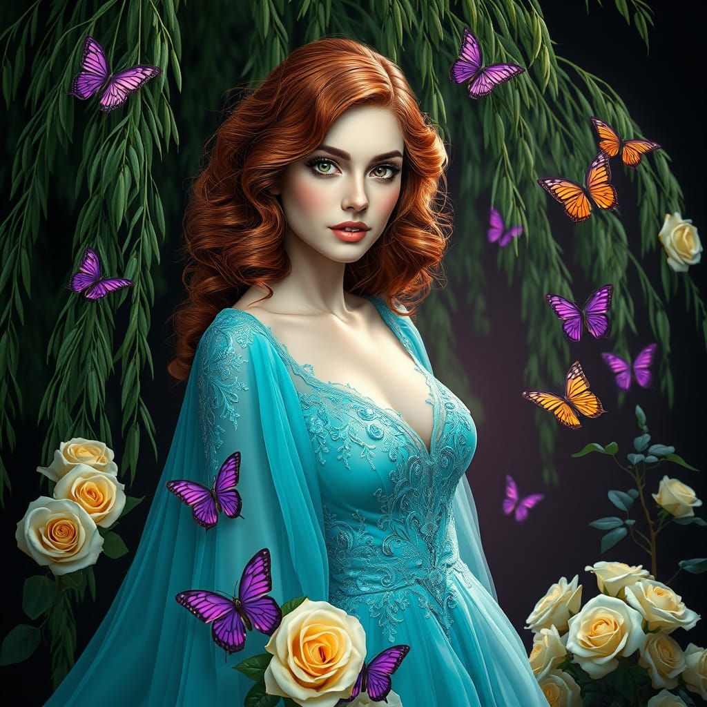 beautiful woman auburn wavy hair  realistic brown eyes vibrant eye makeup rose lips wearing a elegant flowing aqua gown ...