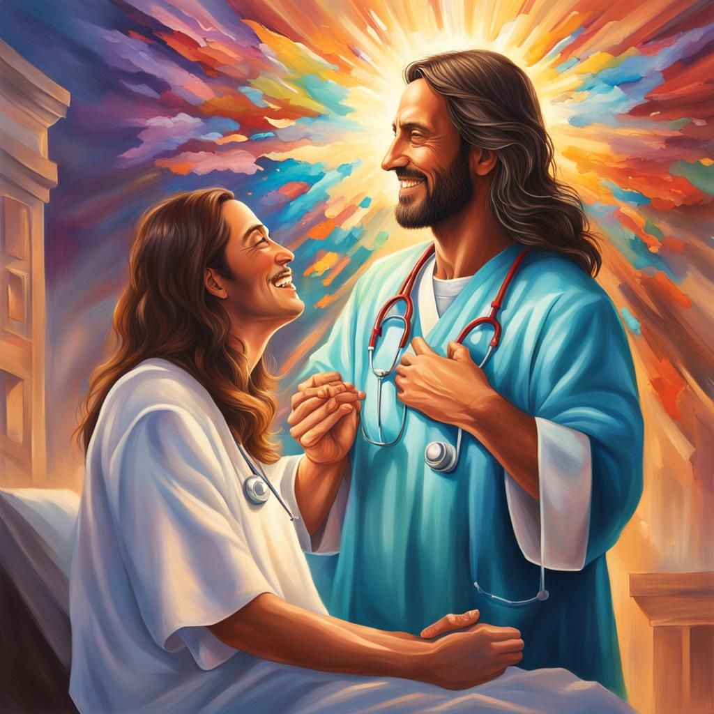 Hyperrealistic Doctor Jesus Christ Healing Woman