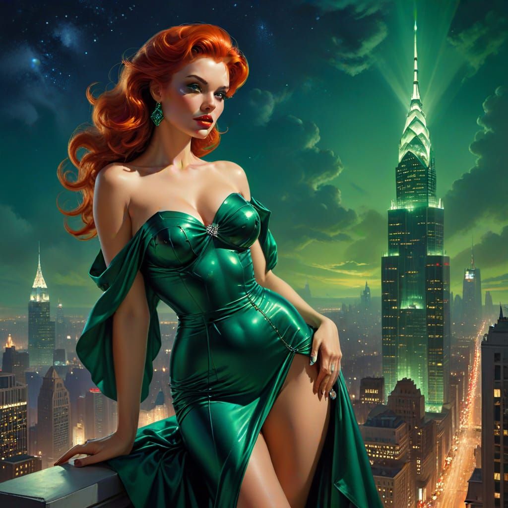 Emerald Gown Pin-Up Over Metropolis, Fantasy Illustration
