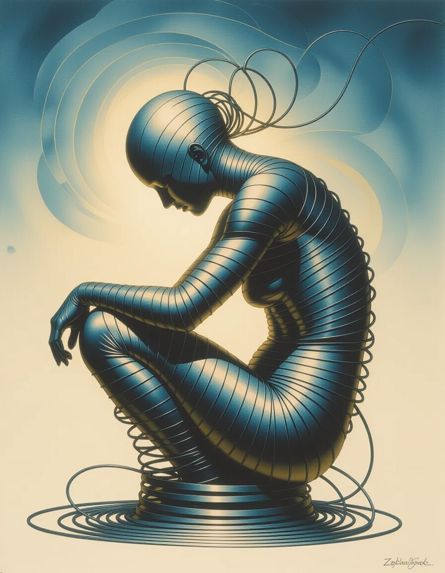 Surreal Figure Unwinding Like a Spring